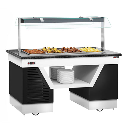 GGM Gastro Heated Bain Marie Buffet Counter BELFAST - 1600mm - with Bain Marie Well + Flat Glass Sneeze Guard - on Castors - for 4x GN 1/1 - Black