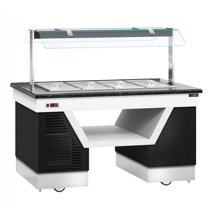 GGM Gastro Heated Bain Marie Buffet Counter BELFAST - 1600mm - with Bain Marie Well + Flat Glass Sneeze Guard - on Castors - for 4x GN 1/1 - Black