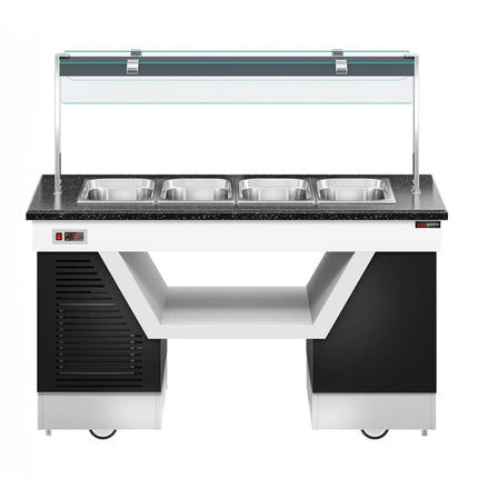 GGM Gastro Heated Bain Marie Buffet Counter BELFAST - 1600mm - with Bain Marie Well + Flat Glass Sneeze Guard - on Castors - for 4x GN 1/1 - Black