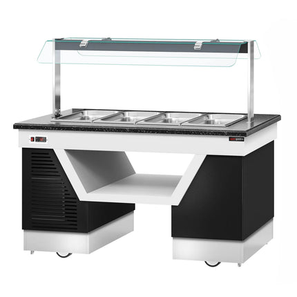 GGM Gastro Heated Bain Marie Buffet Counter BELFAST - 1600mm - with Bain Marie Well + Flat Glass Sneeze Guard - on Castors - for 4x GN 1/1 - Black