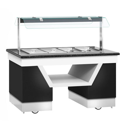 GGM Gastro Heated Bain Marie Buffet Counter BELFAST - 1600mm - with Bain Marie Well + Flat Glass Sneeze Guard - on Castors - for 4x GN 1/1 - Black