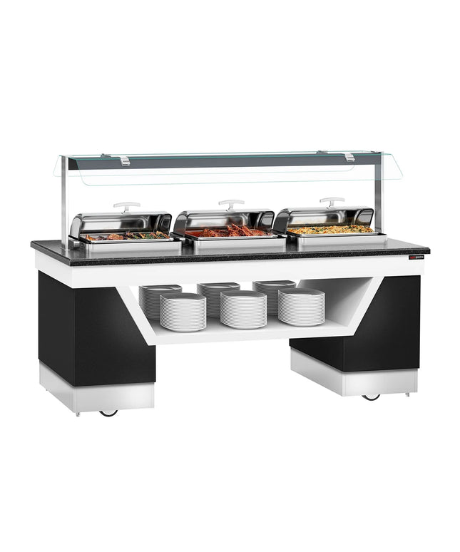 GGM Gastro Heated Bain Marie Buffet Counter BELFAST - 2300mm - for 3 Chafing Dishes - on Castors - Black