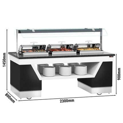 GGM Gastro Heated Bain Marie Buffet Counter BELFAST - 2300mm - for 3 Chafing Dishes - on Castors - Black