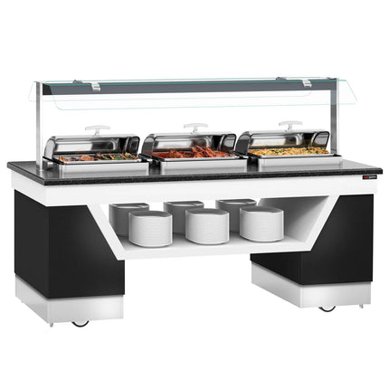 GGM Gastro Heated Bain Marie Buffet Counter BELFAST - 2300mm - for 3 Chafing Dishes - on Castors - Black