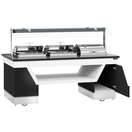 GGM Gastro Heated Bain Marie Buffet Counter BELFAST - 2300mm - for 3 Chafing Dishes - on Castors - Black