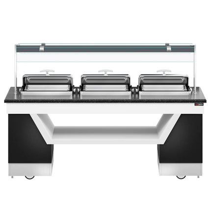 GGM Gastro Heated Bain Marie Buffet Counter BELFAST - 2300mm - for 3 Chafing Dishes - on Castors - Black