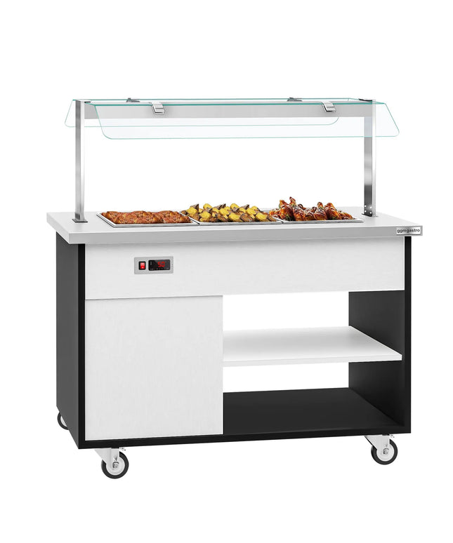 GGM Gastro Heated Bain Marie Buffet Counter DANZIG - 1300mm - for 3x GN 1/1 - Mobile - with Gantry - with Sneeze Screen