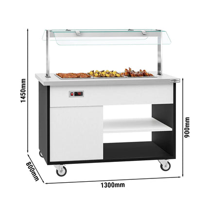 GGM Gastro Heated Bain Marie Buffet Counter DANZIG - 1300mm - for 3x GN 1/1 - Mobile - with Gantry - with Sneeze Screen