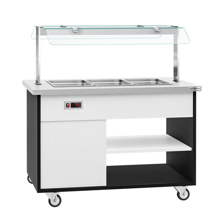 GGM Gastro Heated Bain Marie Buffet Counter DANZIG - 1300mm - for 3x GN 1/1 - Mobile - with Gantry - with Sneeze Screen