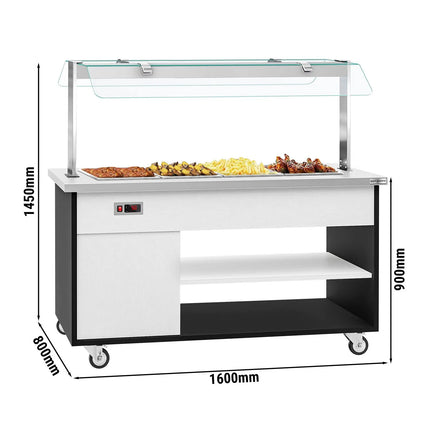 GGM Gastro Heated Bain Marie Buffet Counter DANZIG - 1600mm - for 4x GN 1/1 - Mobile - with Gantry - with Sneeze Screen