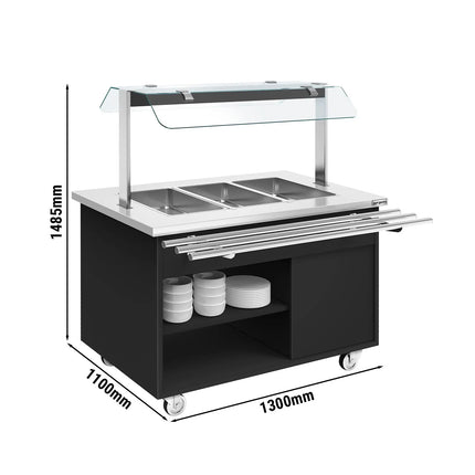 GGM Gastro Heated Bain Marie Buffet Counter DANZIG - on Castors - 1300 mm - for 3 × GN 1/1 - with Tray Slide - Black