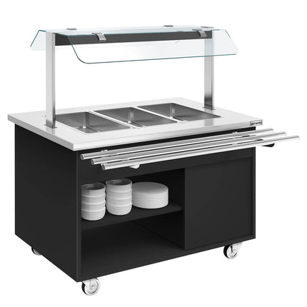 GGM Gastro Heated Bain Marie Buffet Counter DANZIG - on Castors - 1300 mm - for 3 × GN 1/1 - with Tray Slide - Black