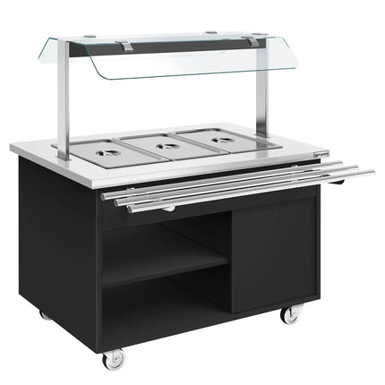 GGM Gastro Heated Bain Marie Buffet Counter DANZIG - on Castors - 1300 mm - for 3 × GN 1/1 - with Tray Slide - Black