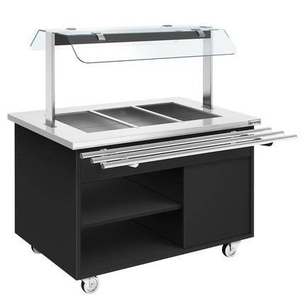 GGM Gastro Heated Bain Marie Buffet Counter DANZIG - on Castors - 1300 mm - for 3 × GN 1/1 - with Tray Slide - Black