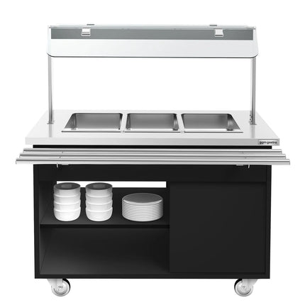 GGM Gastro Heated Bain Marie Buffet Counter DANZIG - on Castors - 1300 mm - for 3 × GN 1/1 - with Tray Slide - Black