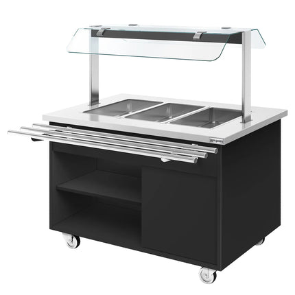 GGM Gastro Heated Bain Marie Buffet Counter DANZIG - on Castors - 1300 mm - for 3 × GN 1/1 - with Tray Slide - Black