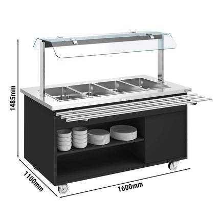 GGM Gastro Heated Bain Marie Buffet Counter DANZIG - on Castors - 1600 mm - for 4 × GN 1/1 - with Tray Slide - Black