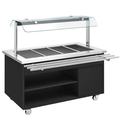 GGM Gastro Heated Bain Marie Buffet Counter DANZIG - on Castors - 1600 mm - for 4 × GN 1/1 - with Tray Slide - Black