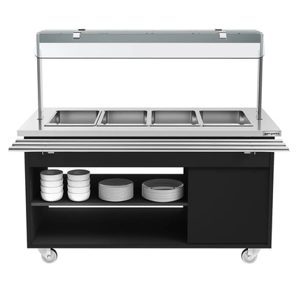 GGM Gastro Heated Bain Marie Buffet Counter DANZIG - on Castors - 1600 mm - for 4 × GN 1/1 - with Tray Slide - Black