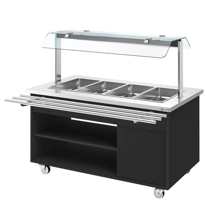 GGM Gastro Heated Bain Marie Buffet Counter DANZIG - on Castors - 1600 mm - for 4 × GN 1/1 - with Tray Slide - Black