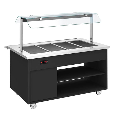 GGM Gastro Heated Bain Marie Buffet Counter DANZIG - on Castors - 1600 mm - for 4 × GN 1/1 - with Tray Slide - Black