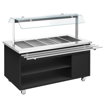 GGM Gastro Heated Bain Marie Buffet Counter DANZIG - on Castors - 1900 mm - for 5 × GN 1/1 - with Tray Slide - Black