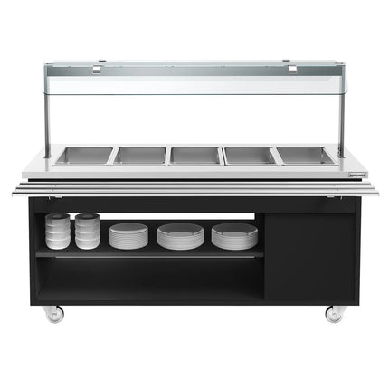 GGM Gastro Heated Bain Marie Buffet Counter DANZIG - on Castors - 1900 mm - for 5 × GN 1/1 - with Tray Slide - Black