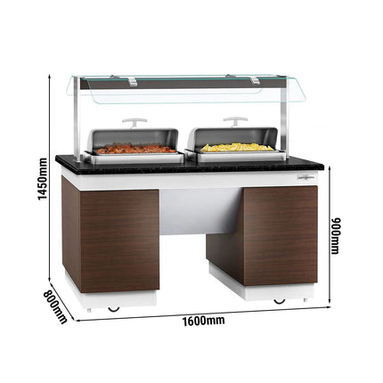 GGM Gastro Heated Bain Marie Buffet Counter DUBLIN - 1600mm - with 2 Chafing Dishes - on Castors - Brown
