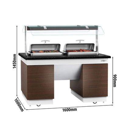 GGM Gastro Heated Bain Marie Buffet Counter DUBLIN - 1600mm - with 2 Chafing Dishes - on Castors - Brown