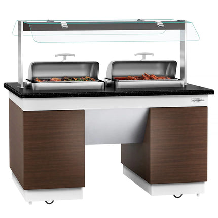 GGM Gastro Heated Bain Marie Buffet Counter DUBLIN - 1600mm - with 2 Chafing Dishes - on Castors - Brown