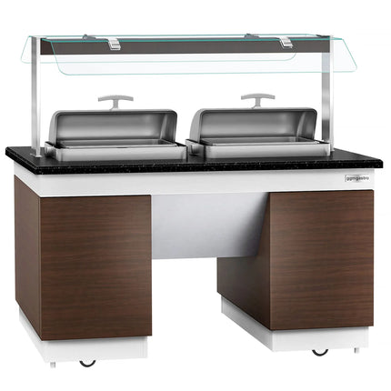 GGM Gastro Heated Bain Marie Buffet Counter DUBLIN - 1600mm - with 2 Chafing Dishes - on Castors - Brown
