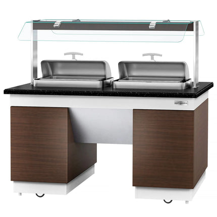 GGM Gastro Heated Bain Marie Buffet Counter DUBLIN - 1600mm - with 2 Chafing Dishes - on Castors - Brown