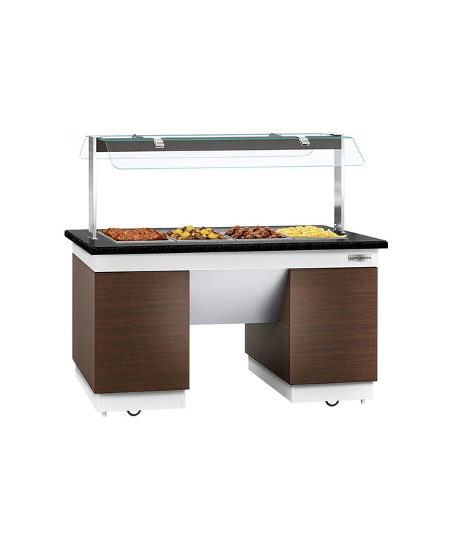 GGM Gastro Heated Bain Marie Buffet Counter DUBLIN - 1600mm - with Bain Marie Well + Flat Glass Sneeze Guard - on Castors - for 4x GN 1/1 - Brown