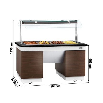 GGM Gastro Heated Bain Marie Buffet Counter DUBLIN - 1600mm - with Bain Marie Well + Flat Glass Sneeze Guard - on Castors - for 4x GN 1/1 - Brown