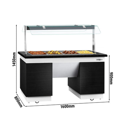 GGM Gastro Heated Bain Marie Buffet Counter DUBLIN - 1600mm - with Bain Marie Well + Flat Glass Sneeze Guard - on Castors - for 4x GN 1/1 - Black