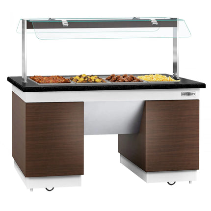 GGM Gastro Heated Bain Marie Buffet Counter DUBLIN - 1600mm - with Bain Marie Well + Flat Glass Sneeze Guard - on Castors - for 4x GN 1/1 - Brown