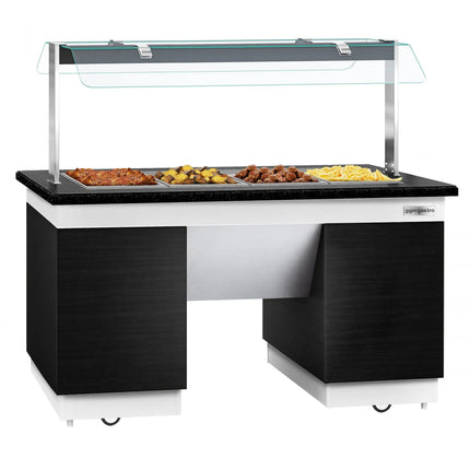 GGM Gastro Heated Bain Marie Buffet Counter DUBLIN - 1600mm - with Bain Marie Well + Flat Glass Sneeze Guard - on Castors - for 4x GN 1/1 - Black