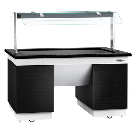 GGM Gastro Heated Bain Marie Buffet Counter DUBLIN - 1600mm - with Bain Marie Well + Flat Glass Sneeze Guard - on Castors - for 4x GN 1/1 - Black