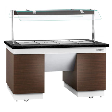 GGM Gastro Heated Bain Marie Buffet Counter DUBLIN - 1600mm - with Bain Marie Well + Flat Glass Sneeze Guard - on Castors - for 4x GN 1/1 - Brown