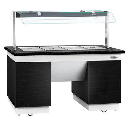 GGM Gastro Heated Bain Marie Buffet Counter DUBLIN - 1600mm - with Bain Marie Well + Flat Glass Sneeze Guard - on Castors - for 4x GN 1/1 - Black