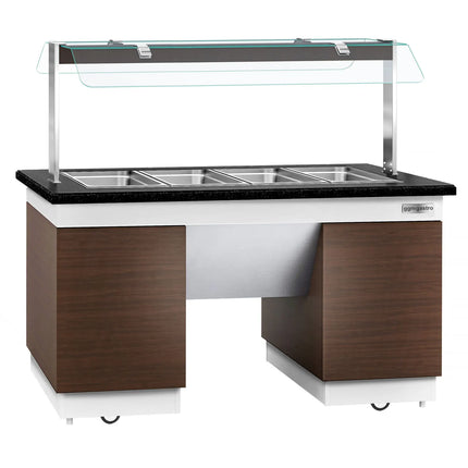 GGM Gastro Heated Bain Marie Buffet Counter DUBLIN - 1600mm - with Bain Marie Well + Flat Glass Sneeze Guard - on Castors - for 4x GN 1/1 - Brown