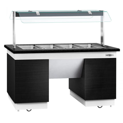 GGM Gastro Heated Bain Marie Buffet Counter DUBLIN - 1600mm - with Bain Marie Well + Flat Glass Sneeze Guard - on Castors - for 4x GN 1/1 - Black