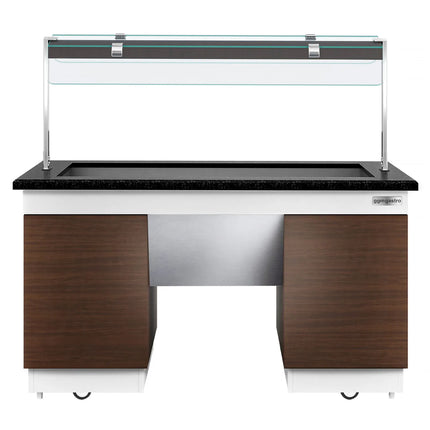 GGM Gastro Heated Bain Marie Buffet Counter DUBLIN - 1600mm - with Bain Marie Well + Flat Glass Sneeze Guard - on Castors - for 4x GN 1/1 - Brown