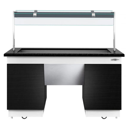 GGM Gastro Heated Bain Marie Buffet Counter DUBLIN - 1600mm - with Bain Marie Well + Flat Glass Sneeze Guard - on Castors - for 4x GN 1/1 - Black