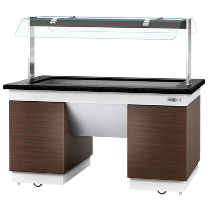 GGM Gastro Heated Bain Marie Buffet Counter DUBLIN - 1600mm - with Bain Marie Well + Flat Glass Sneeze Guard - on Castors - for 4x GN 1/1 - Brown