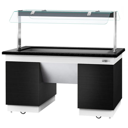 GGM Gastro Heated Bain Marie Buffet Counter DUBLIN - 1600mm - with Bain Marie Well + Flat Glass Sneeze Guard - on Castors - for 4x GN 1/1 - Black