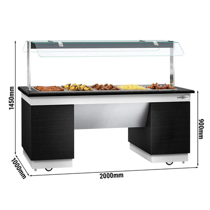GGM Gastro Heated Bain Marie Buffet Counter DUBLIN - 2000mm - with Bain Marie Well + Flat Glass Sneeze Guard - on Castors - for 5x GN 1/1 - Black
