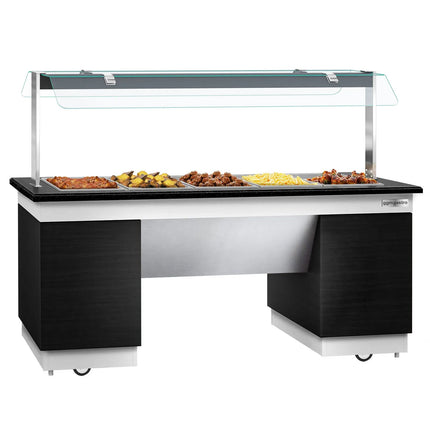 GGM Gastro Heated Bain Marie Buffet Counter DUBLIN - 2000mm - with Bain Marie Well + Flat Glass Sneeze Guard - on Castors - for 5x GN 1/1 - Black