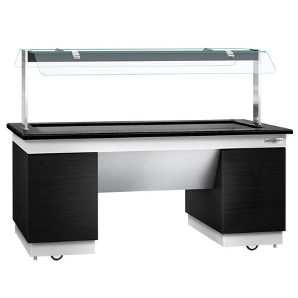 GGM Gastro Heated Bain Marie Buffet Counter DUBLIN - 2000mm - with Bain Marie Well + Flat Glass Sneeze Guard - on Castors - for 5x GN 1/1 - Black