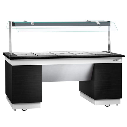 GGM Gastro Heated Bain Marie Buffet Counter DUBLIN - 2000mm - with Bain Marie Well + Flat Glass Sneeze Guard - on Castors - for 5x GN 1/1 - Black